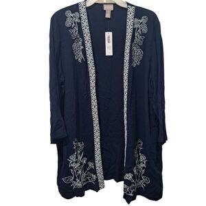 Chico's Floral Embroidery Pattern Crinkle Open Front Cardi Jacket Midnight Sz 2